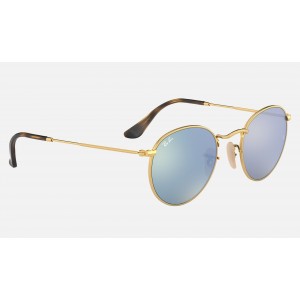 Ray Ban Round Flat Lenses RB3447 Flash + Gold Frame Silver Flash Lens Sunglasses