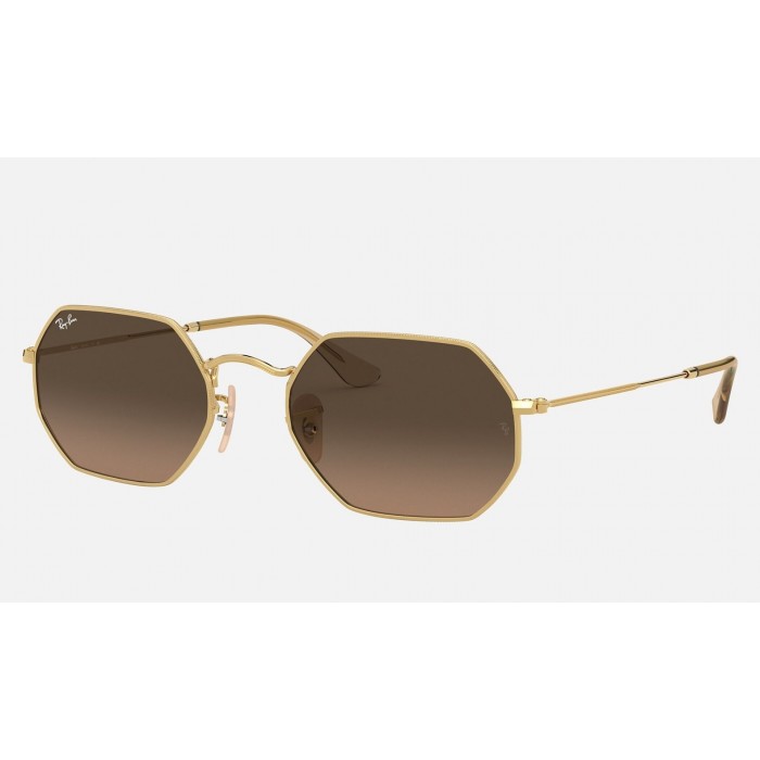 Ray Ban Round Octagonal Classic RB3556 Gradient + Gold Frame Brown Gradient Lens Sunglasses